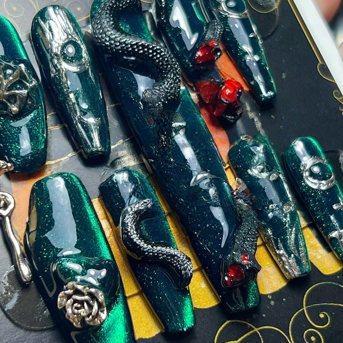 HexClaw | emerald green nails,snake skin nails,dragon nails,press on claw nails,nails press on,armor,claw,acrylic nails,werewolf nails
