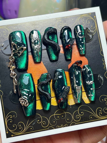 HexClaw | emerald green nails,snake skin nails,dragon nails,press on claw nails,nails press on,armor,claw,acrylic nails,werewolf nails