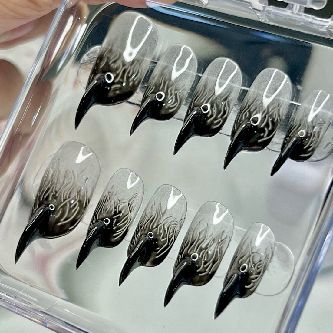 HexClaw | Black and White Ink Wash Nails,acrylic nails,claw nails,press on nails,armor,claw,werewolf nails,dragon nails,gothic nails,Y2K nails