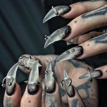 HexClaw | black gradient nails,transparent gradient nails,pierced stud nails,dragon armor,werewolf nails,acrylic nails,claw press on nails,press on nails,armor,claw,vampire nails