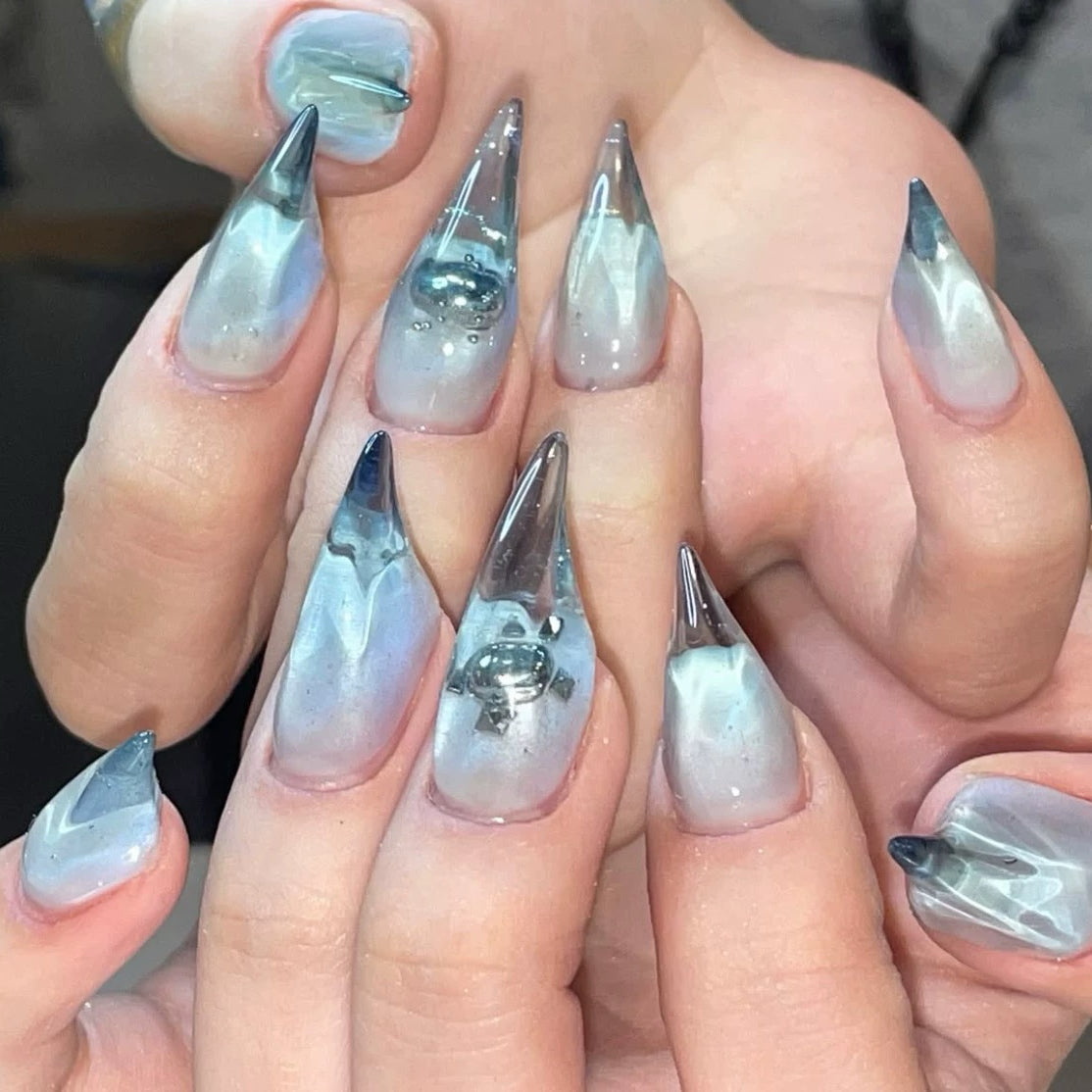 HexClaw | ocean blue nails，icy lava metallic nails，acrylic nails，dragon gloves,werewolf nails,claw,armor,nails press on,claw press on nails,acrylic press on nails,