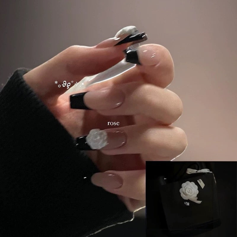 HexClaw | black and white nails，camellia decorated nails，Japanese-style nails，acrylic nails，claw press on nails，nails press on，armor，claw，short press on nails，kawaii nails