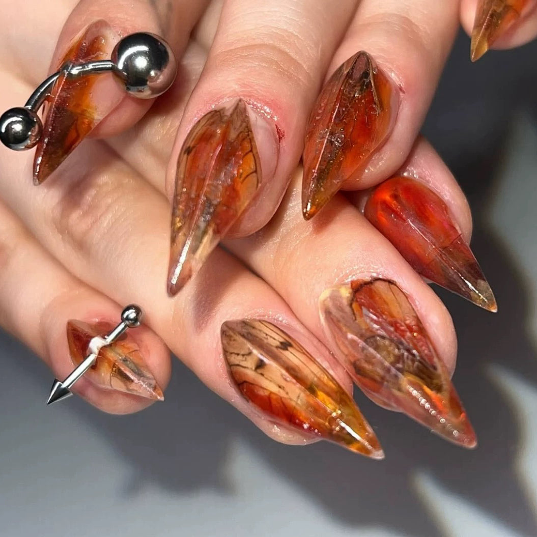 HexClaw | amber nails，insect wing decorated nails， werewolf nails，dragon nails，acrylic press on nails，claw，armor，press on nails，claw press on nails