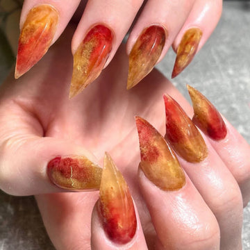 HexClaw | neon red and yellow nails，flame pattern nails， werewolf nails，acrylic press on nails，claw press on nails，nails press on，armor，claw，cat nails