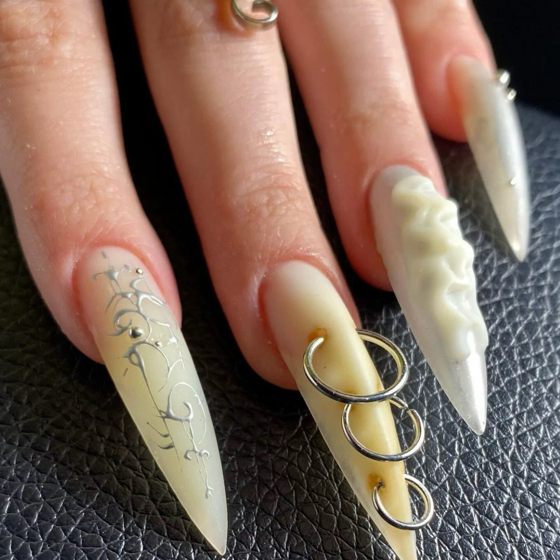 HexClaw | tea white nails，matte punk metallic style nails，press on claw nails，nails press on，armor，claw，acrylic nails，werewolf nails，cat claw press on nails，vampire fangs