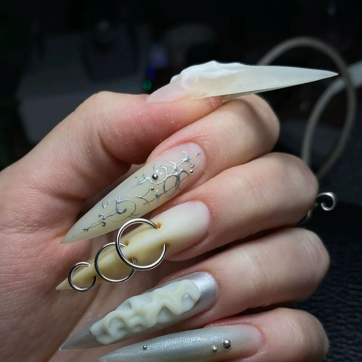HexClaw | tea white nails，matte punk metallic style nails，press on claw nails，nails press on，armor，claw，acrylic nails，werewolf nails，cat claw press on nails，vampire fangs