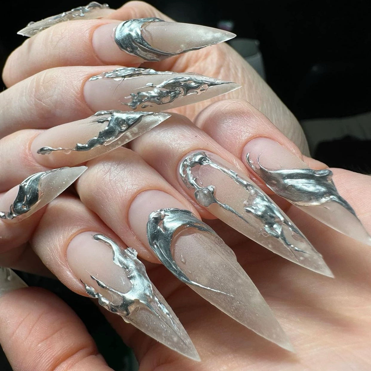 HexClaw | silver nails，3D textured nails，extra long stiletto nails， werewolf nails，acrylic press on nails，claw press on nails，nails press on，armor，claw，sharp nails
