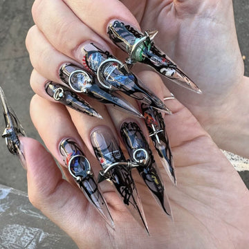 HexClaw | black and white nails，racing punk nails，hand-painted totem nails，acrylic press on nails，claw press on nails，werewolf nails，press on nails，claw，armor