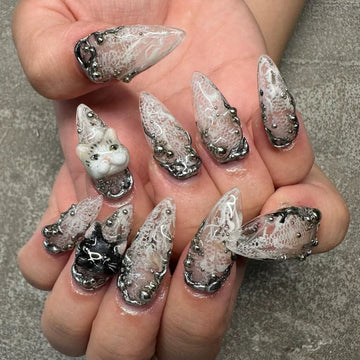 HexClaw | black and white cat nails，claw press on nails，acrylic press on nails，nails press on，armor，claw，werewolf nail，cat claw press on nails，