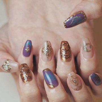 HexClaw | purple and bronze nails，metallic totem texture nails，claw press on nails，acrylic press on nails，nails press on，armor，claw，werewolf nail