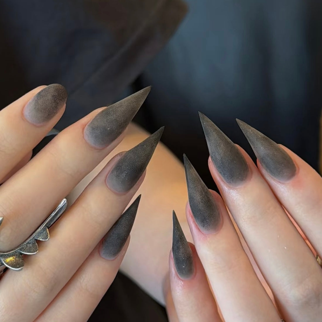 HexClaw | Matte gray and black dragon claw nails, sharp press on nails, claw press on nails, Y2k nails, armor, halloween nails, werewolf claw nails