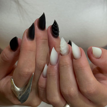 HexClaw | AB Black-and-white matte dragon claw nails, claw press on nails, acrylic nails, short claw nails, sharp claws, gothic nails, halloween claw nails, short press on claw nails