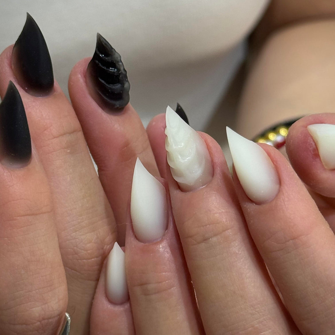 HexClaw | AB Black-and-white matte dragon claw nails, claw press on nails, acrylic nails, short claw nails, sharp claws, gothic nails, halloween claw nails, short press on claw nails