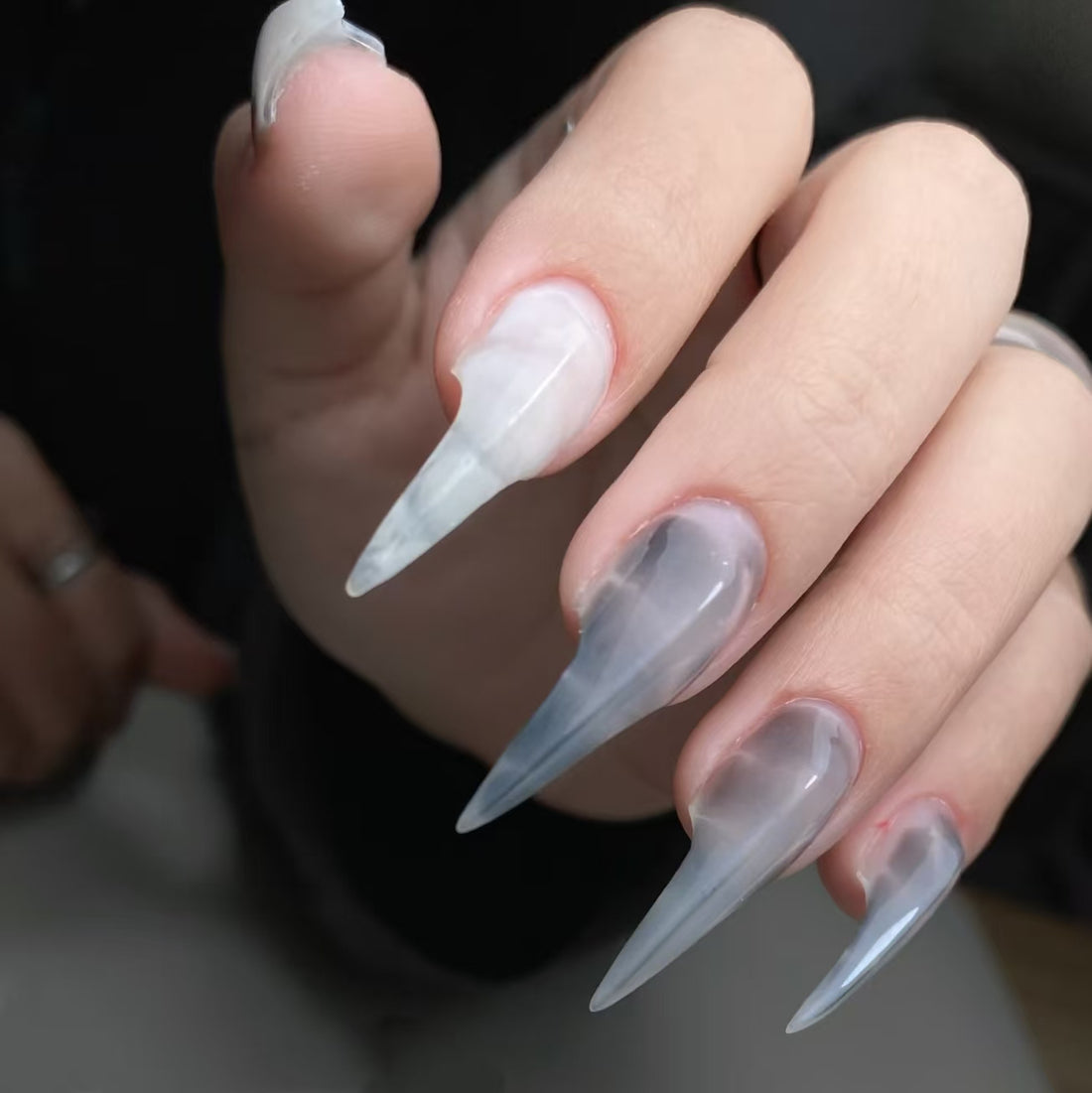HexClaw | Gray-white dragon pattern stiletto nails, werewolf claw nails, acrylic press on nails, claw press on nails, press on nails, claws, armor, vampire fangs