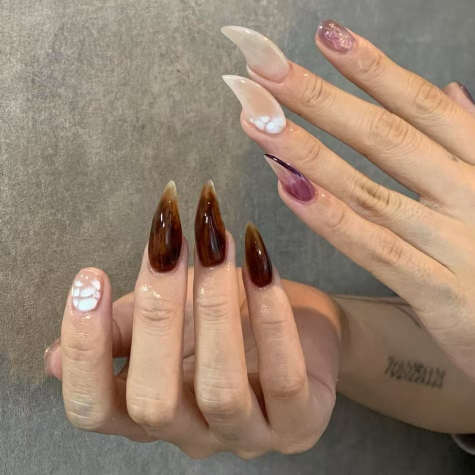 HexClaw | Milky white multicolor dragon claw nails, claw press on nails, dragon nails, acrylic nails, werewolf nails, claw, armor, press on nails