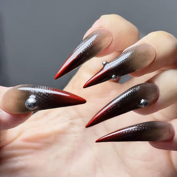HexClaw | Red-tipped snake-print eagle claw nails, claw press on nails, acrylic press on nails, nails press on, armor, dragon nails, claw, werewolf nail, witch nails