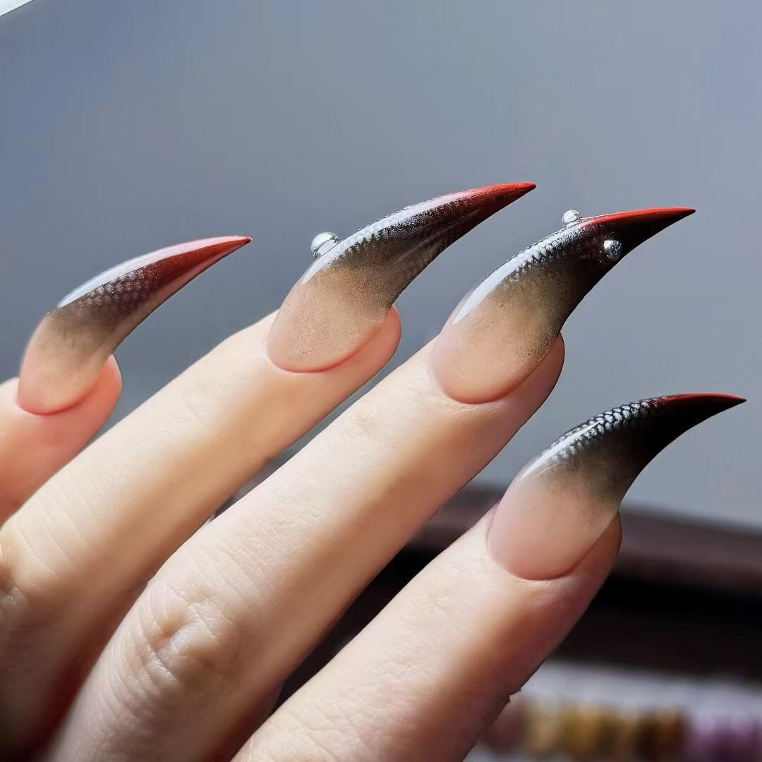 HexClaw | Red-tipped snake-print eagle claw nails, claw press on nails, acrylic press on nails, nails press on, armor, dragon nails, claw, werewolf nail, witch nails