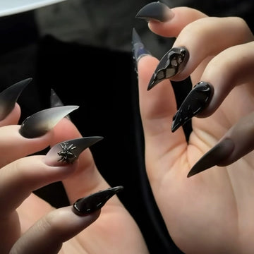 HexClaw | black ombre nails with spider decoration,dragon nails,claw nails,acrylic press on nails,black press on nails,sharp nails,gothic nails